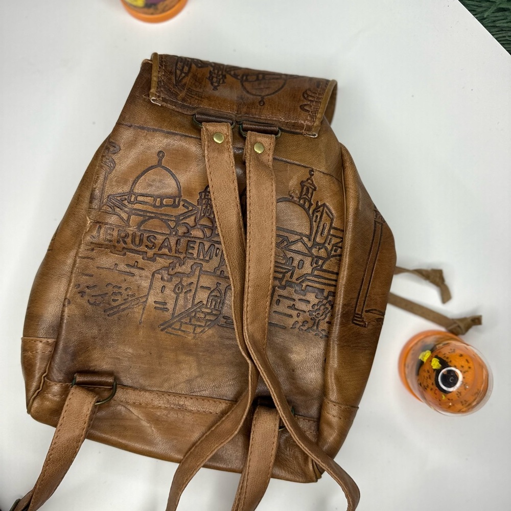 Embossed Leather Backpack With Jerusalem Design - image 6